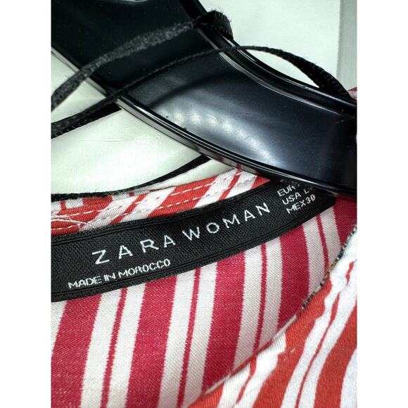Red Vertical Striped w/Heron Bird Print Bow by Zara Womens Long Sleeve Blouse L - Picture 7 of 13